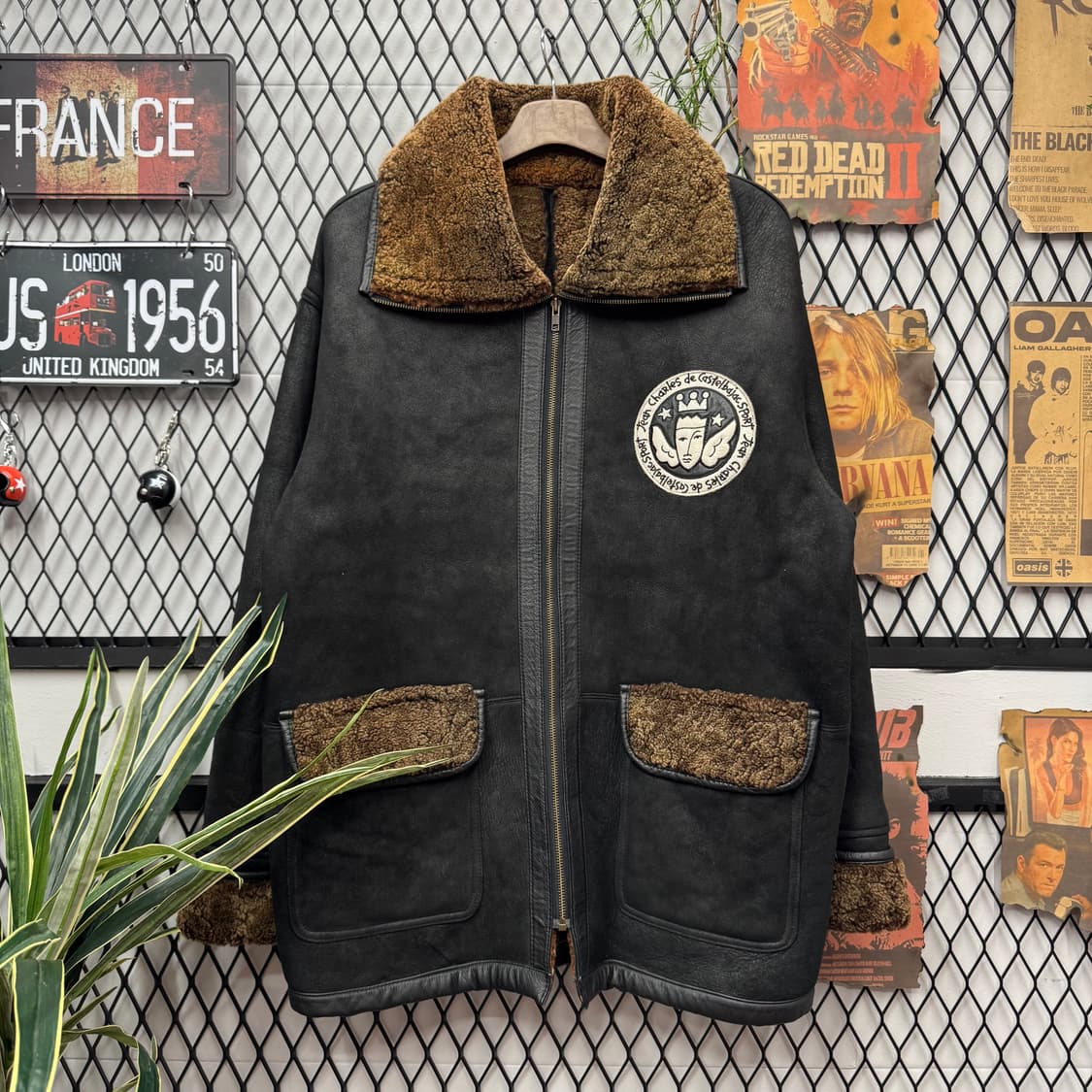 90s 까스텔바작 스포츠 스웨이드 무스탕 코트 후면 양털 윙 포인트 블랙 상품이미지1