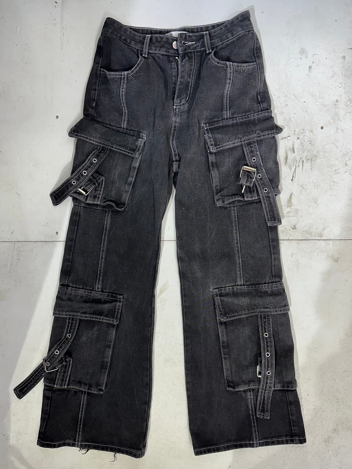 Poem 빈티지 흑청 멀티 포켓 유틸리티 와이드 카고 데님 팬츠 L 상품이미지4