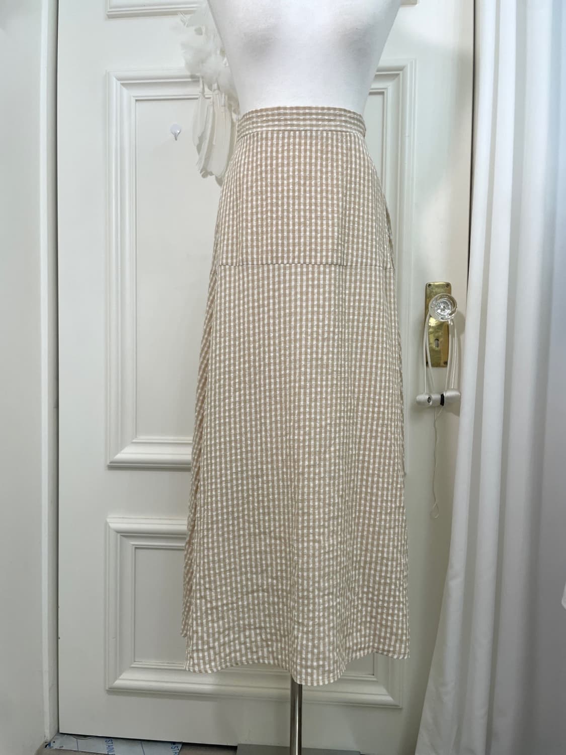 beige gingham check banding long skirt 상품이미지5