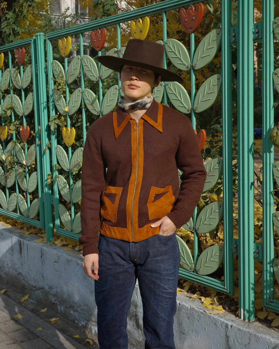 60-70’s 컨템포러리 롱포인트 카라 레더 패널 집업 자켓 상품이미지6