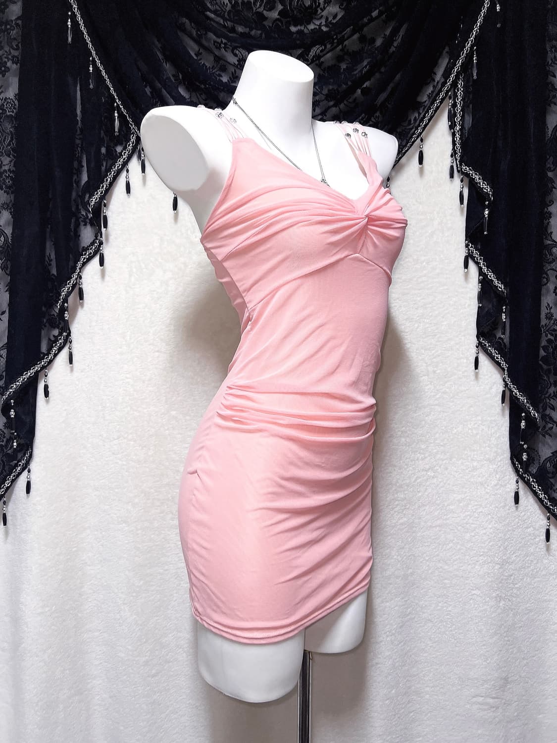 히메갸루 로맨틱 로걀 핑크 셔링 비즈 미니원피스 섹시 러블리 슬립 핀터깔 상품이미지4