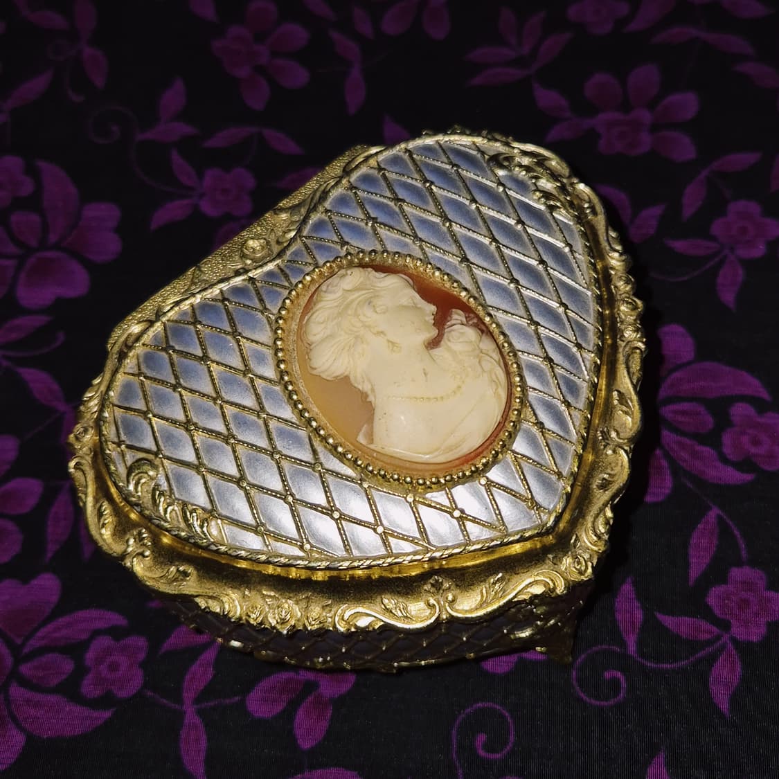 80s 일본 엔틱 카메오 실버 하트 오르골 보석함 상품이미지9