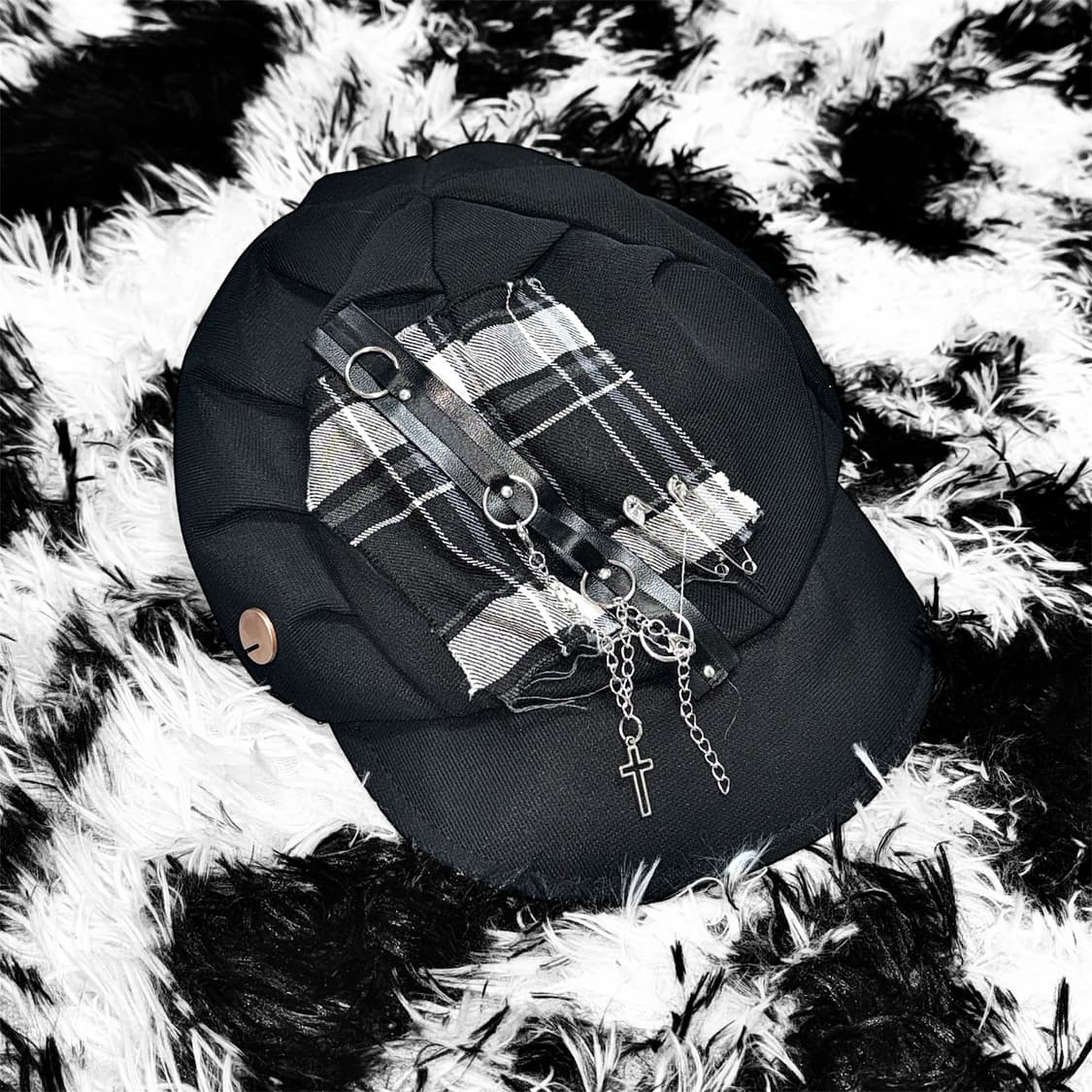 VINTAGE 빈티지 펑크 십자가 체인 블랙 햇 모자 상품이미지1