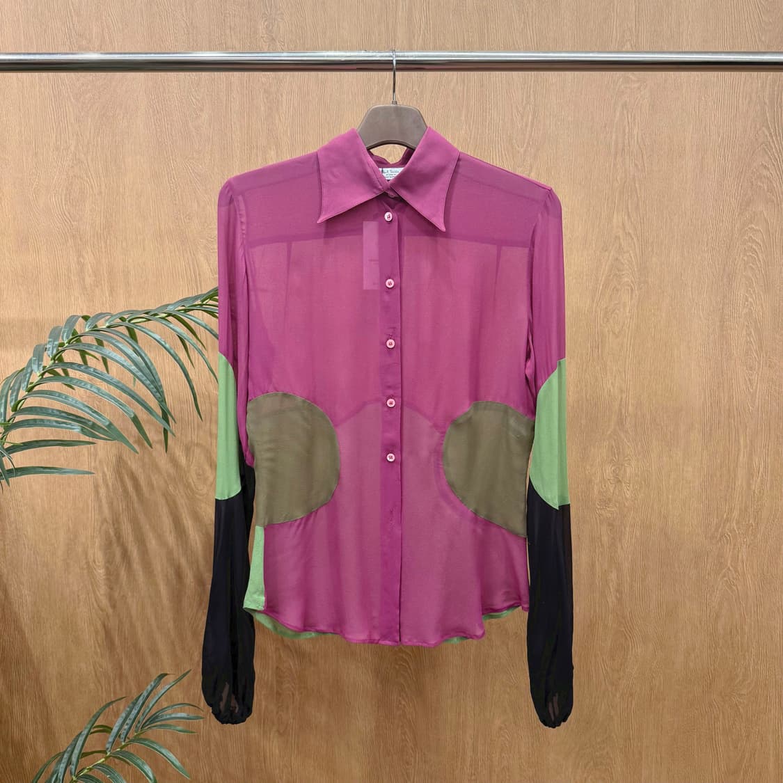 폴스미스 실크 블라우스 시스루 긴팔 셔츠 소매 퍼프 디테일 컬러 블록 상품이미지1