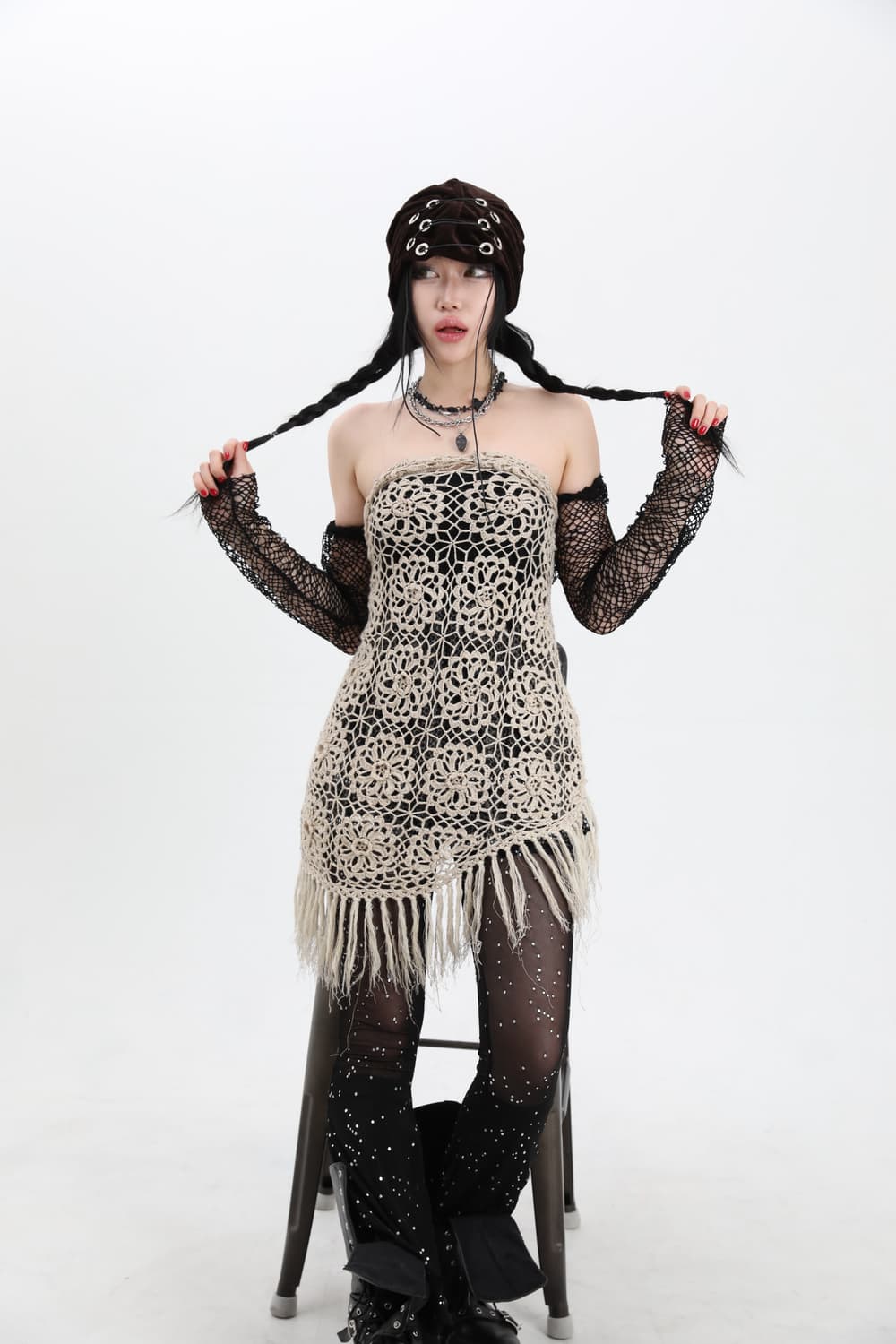 벨벳 더블 아일렛 핸드메이드 롱 비니 상품이미지6