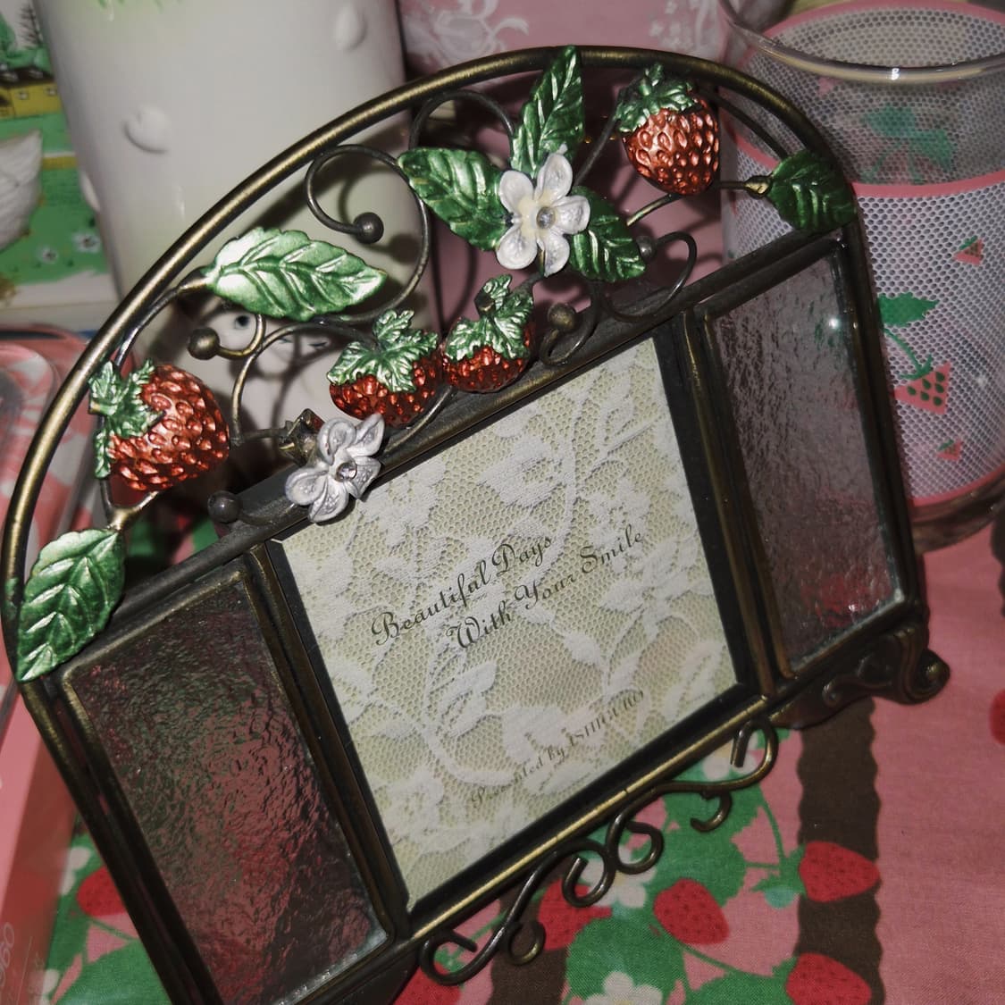 90s 엔틱 딸기 넝쿨 글라스 탁상 액자 상품이미지6