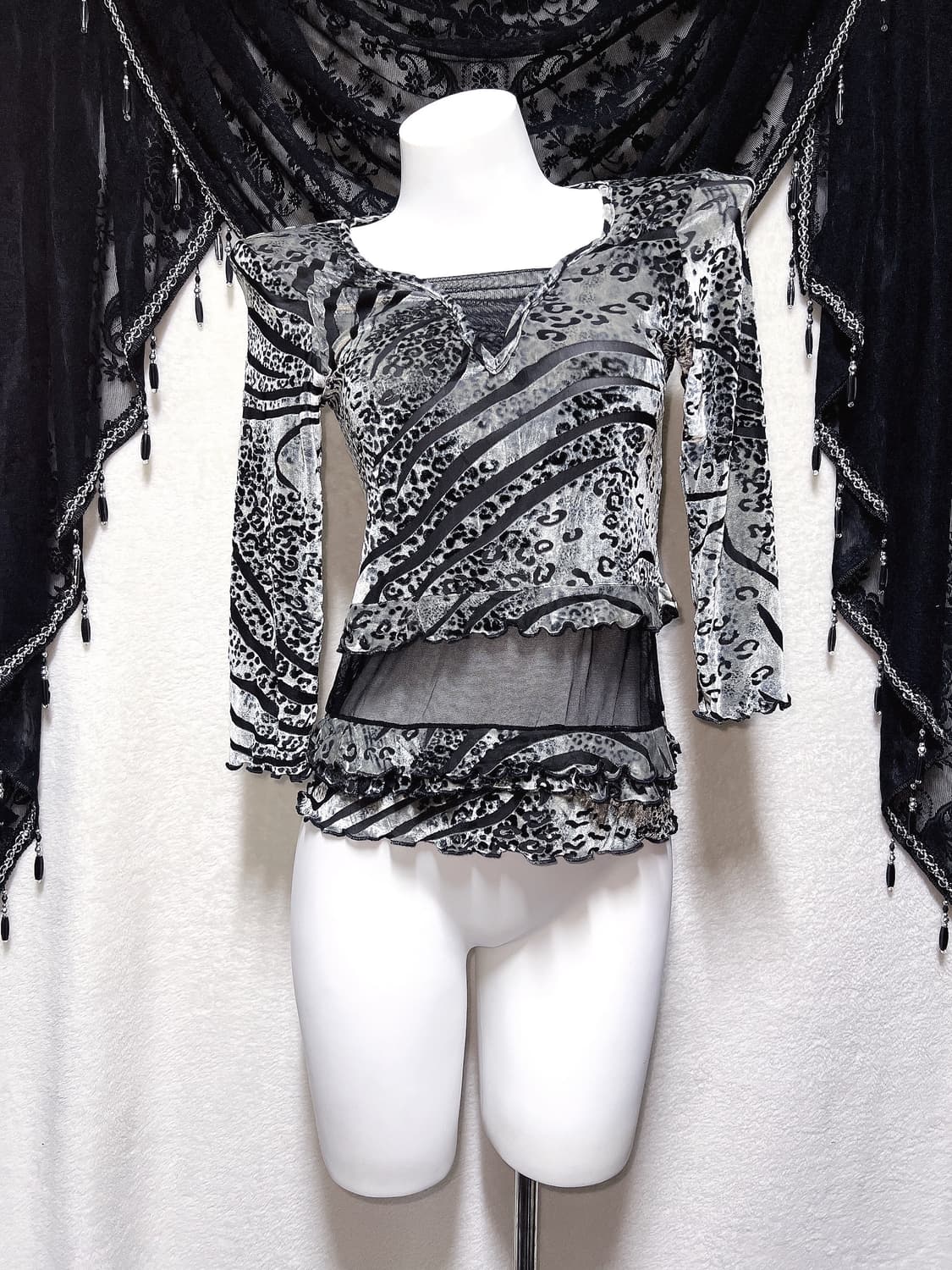 레오파드 호피 지브라 애니멀패턴 오네갸루 펑크 시스루 벨벳탑 오리엔탈 상품이미지5