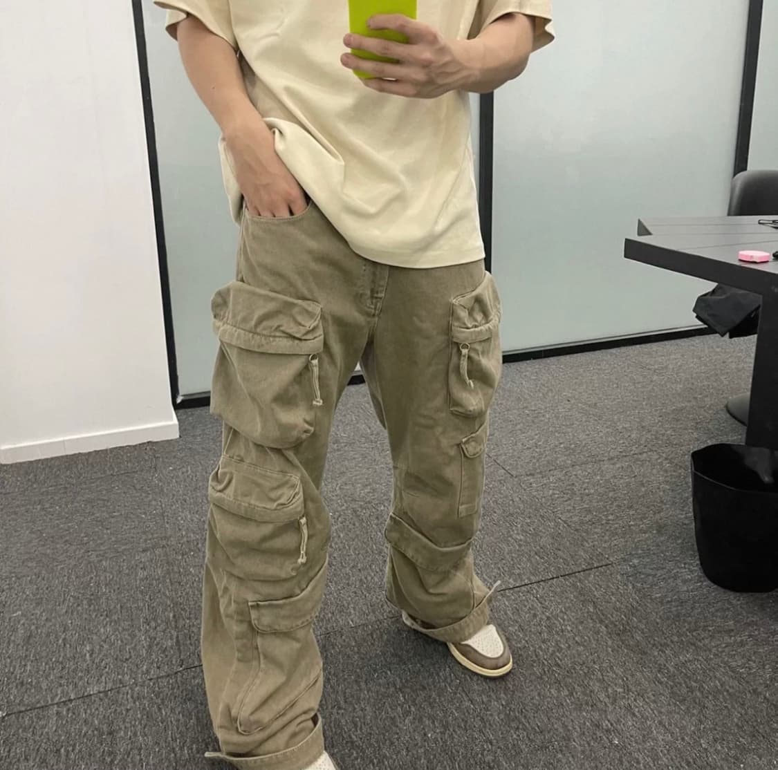 포켓 워싱 와이드 카고팬츠 갈색 XL 상품이미지2