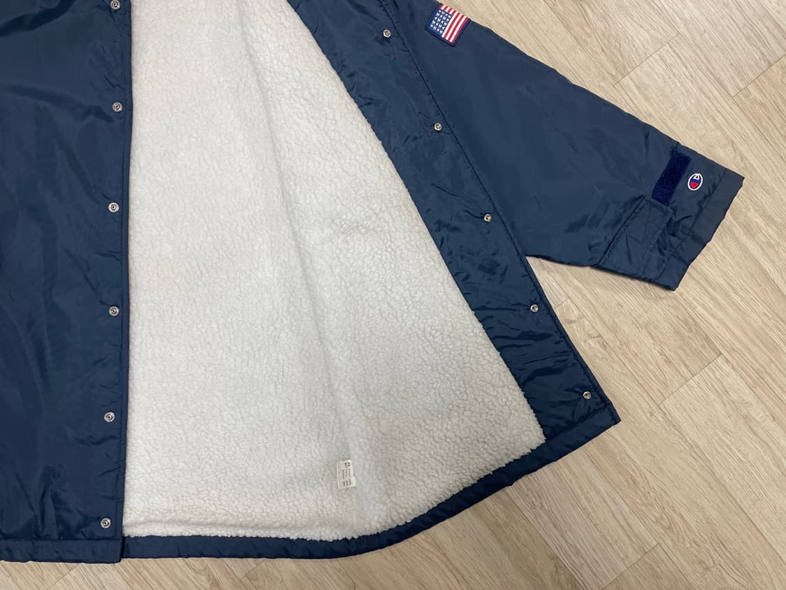 100~105) 90's 챔피온 재팬 성조기 빅로고 양털 후드 코치자켓 상품이미지4