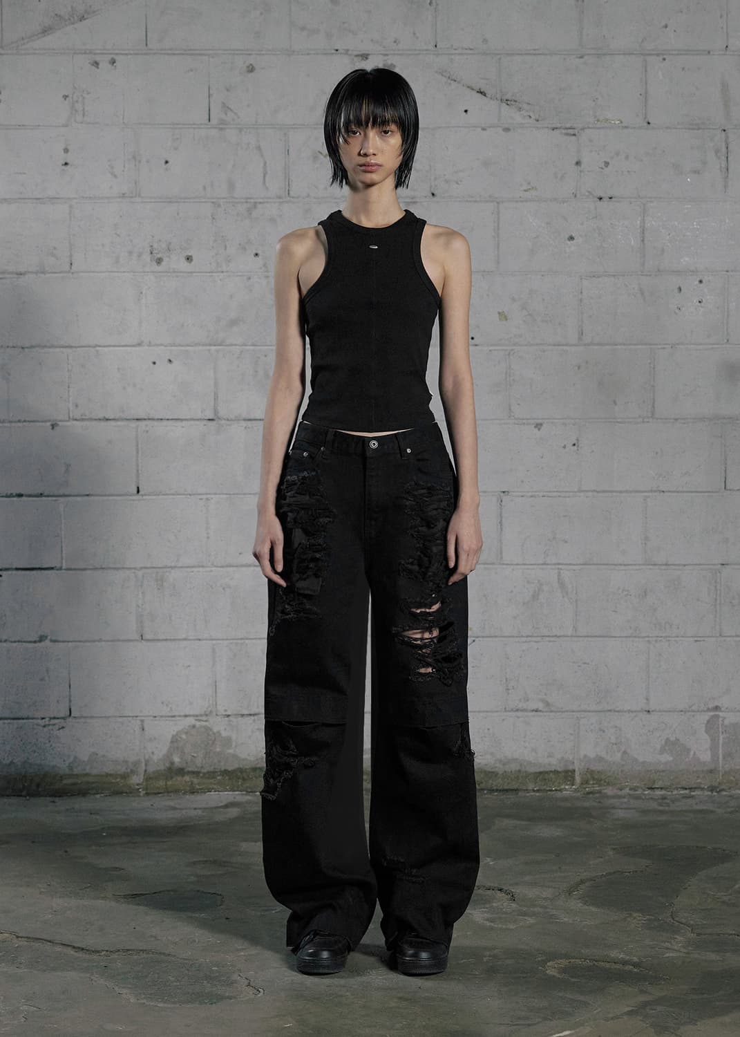 [새상품] 보헤미안서울 보헴서 니 오픈 립트 와이드 데님팬츠 블랙 상품이미지1