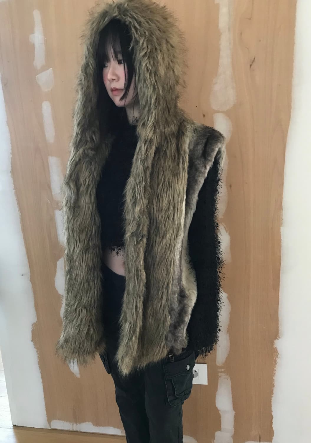 vintage fur hood vest 상품이미지1