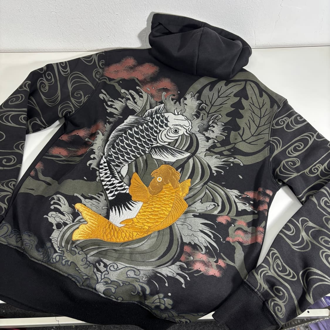 M 재팬빈티지 블랙 이레즈미 잉어자수 스웻코튼 후드집업 상품이미지3