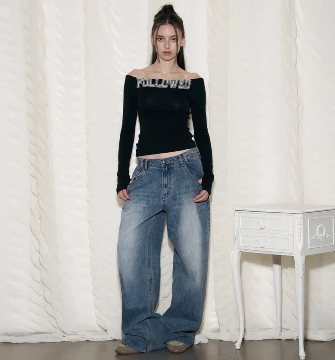플리즈노팔로우 25Damaged Washing Wide Denim 상품이미지1