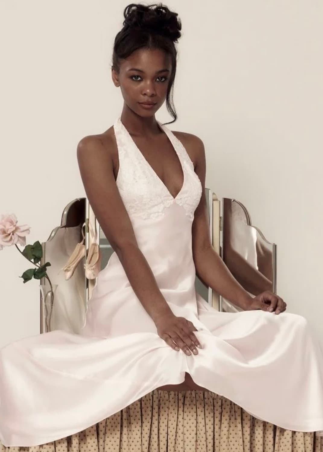 미러 팔레 핑크 레이스 홀터넥 실크 롱 원피스 셀프웨딩스냅브라이덜샤워 상품이미지4