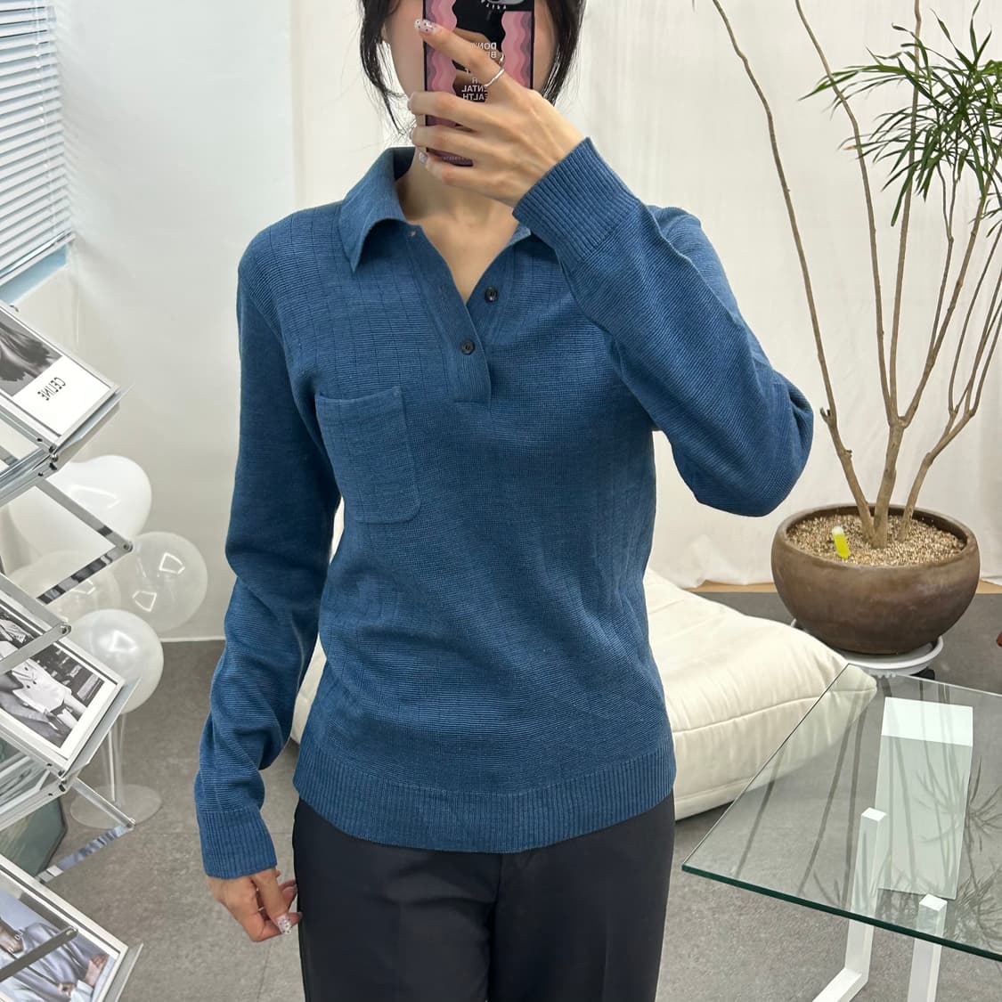 KOSUGI 블루 하프 버튼 카라니트 상품이미지1