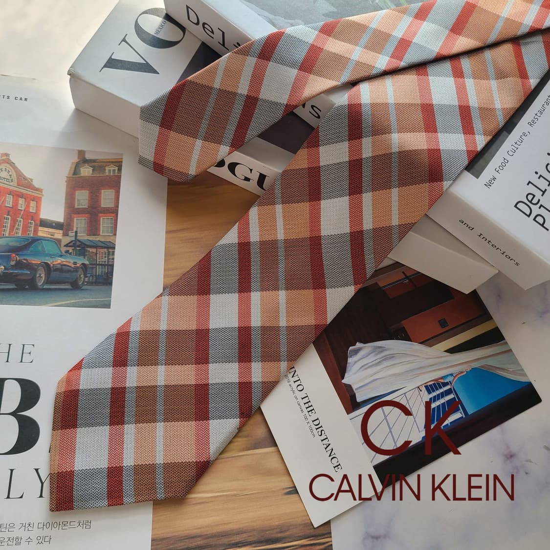 캘빈클라인 실크 오렌지 체크 패턴 넥타이 7.7cm A등급 E705 상품이미지2
