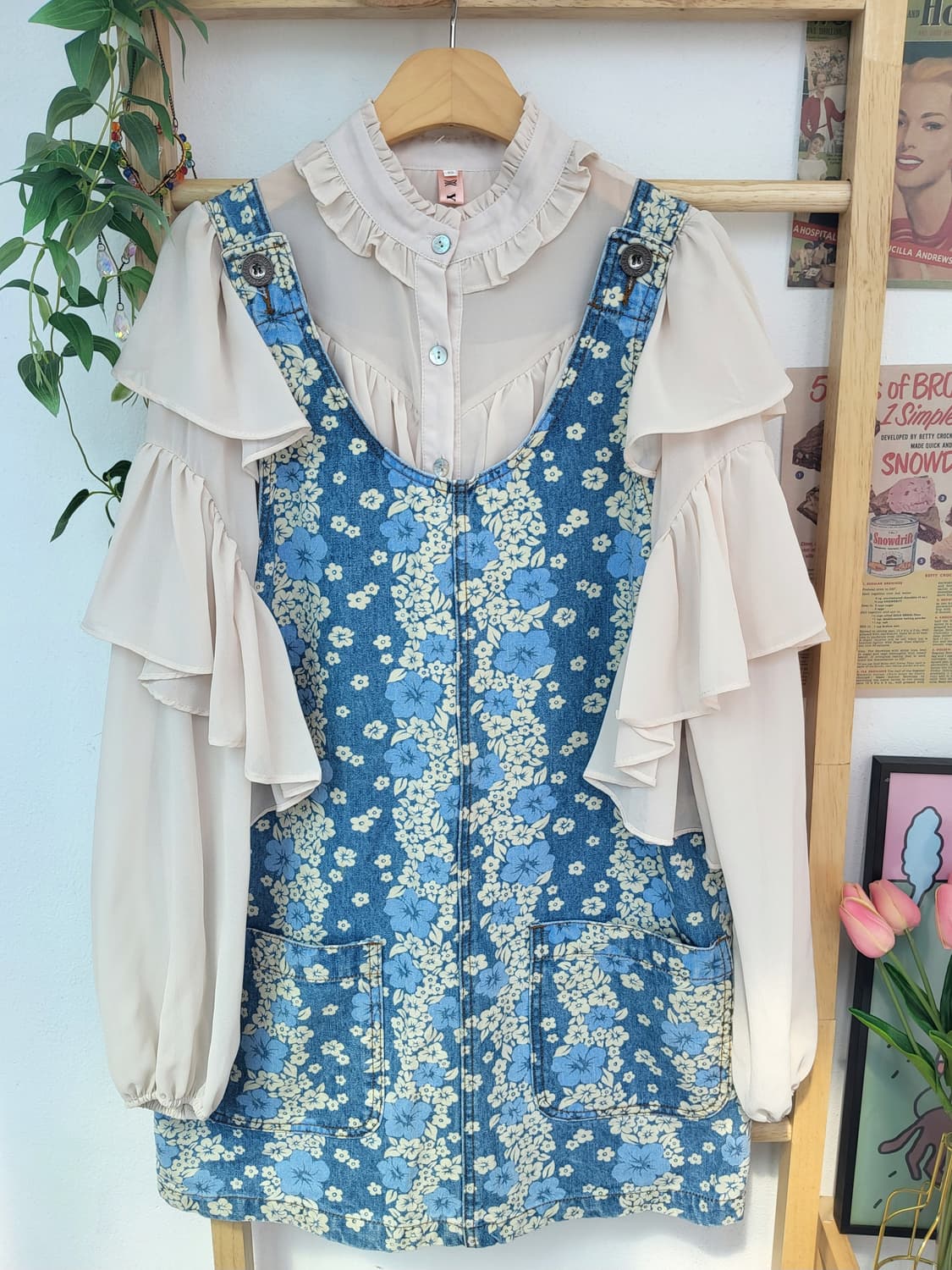 플라워 데님 멜빵 원피스 상품이미지1