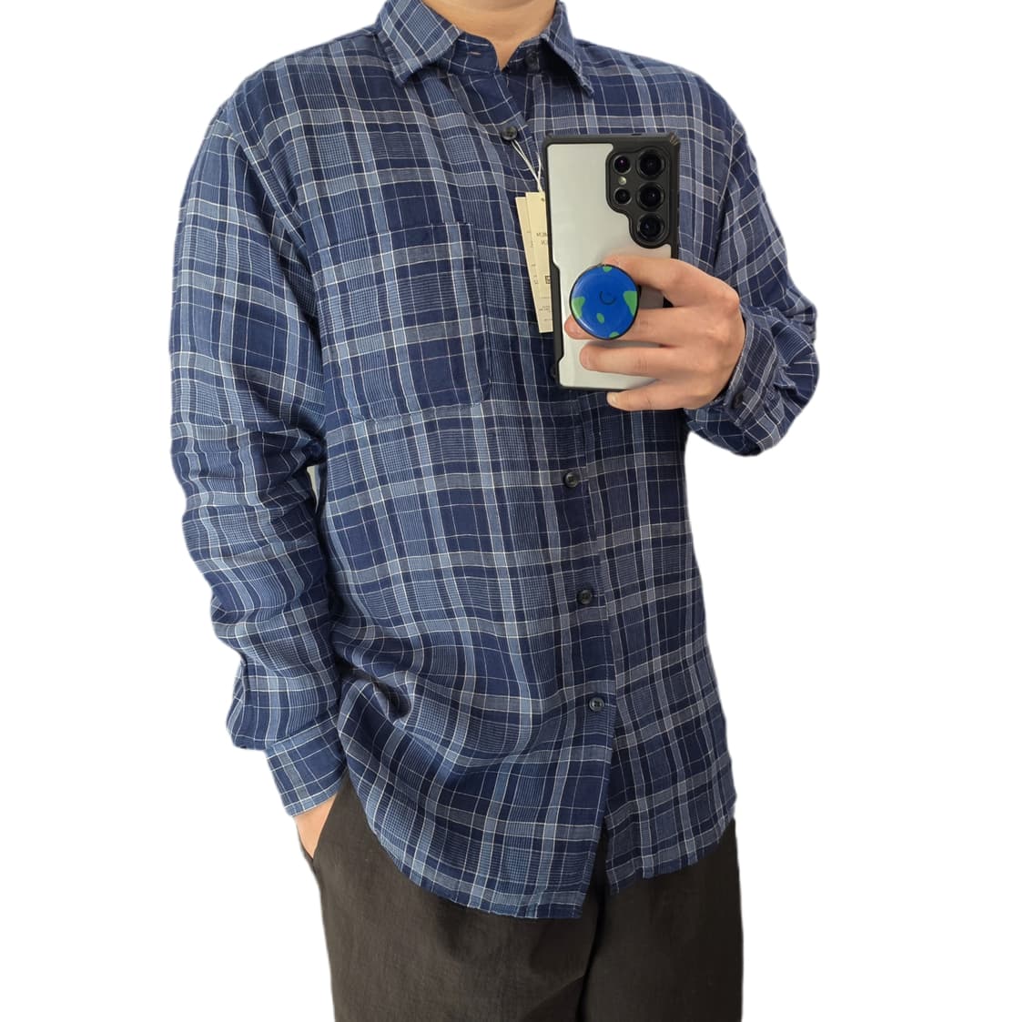 새상품) M 유니클로 프리미엄 린넨 체크 셔츠 네이비 블루 상품이미지1