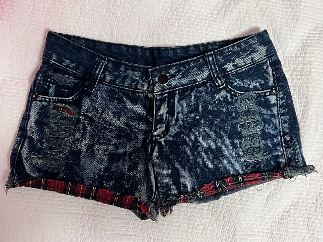 빈티지 펑크 락시크 체크 워싱 데님 반바지 숏츠 상품이미지1