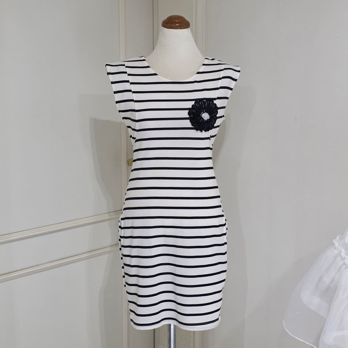 빈티지)여름모리걸 스트라이프 블랙 플라워 갸루 미니 딱붙원피스 상품이미지1