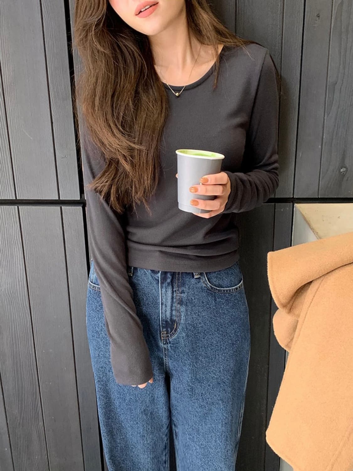 [새상품] 가내스라 보우 골지 티셔츠 차콜 상품이미지2