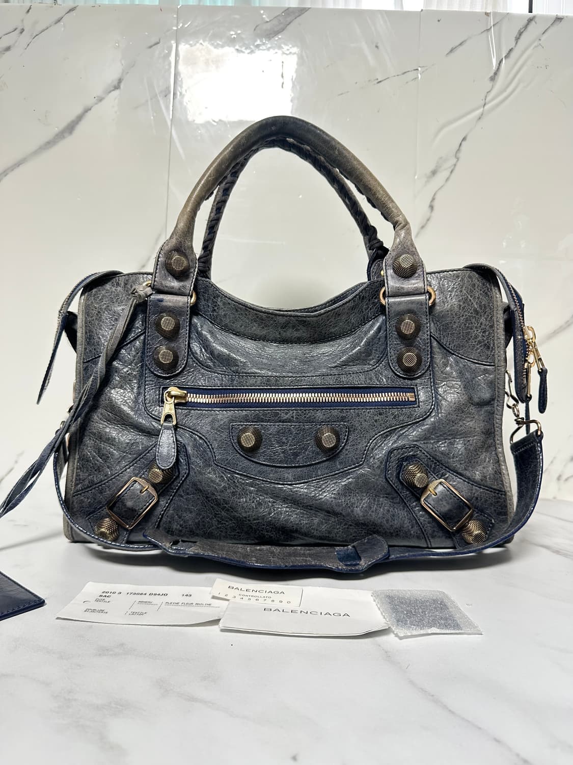 [A 정품] 발렌시아가 자이언트 시티 모터백 블루 카키그레이 상품이미지2