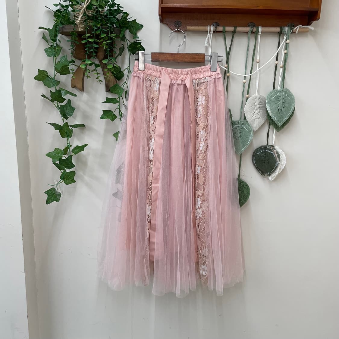 쉬폰 풀밴딩 핑크 레이스 샤 롱 스커트 상품이미지1
