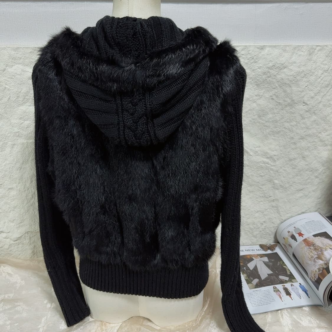 빈티지 블랙 큐빅 꽈배기 토끼털 니트자켓 후드집업 상품이미지4