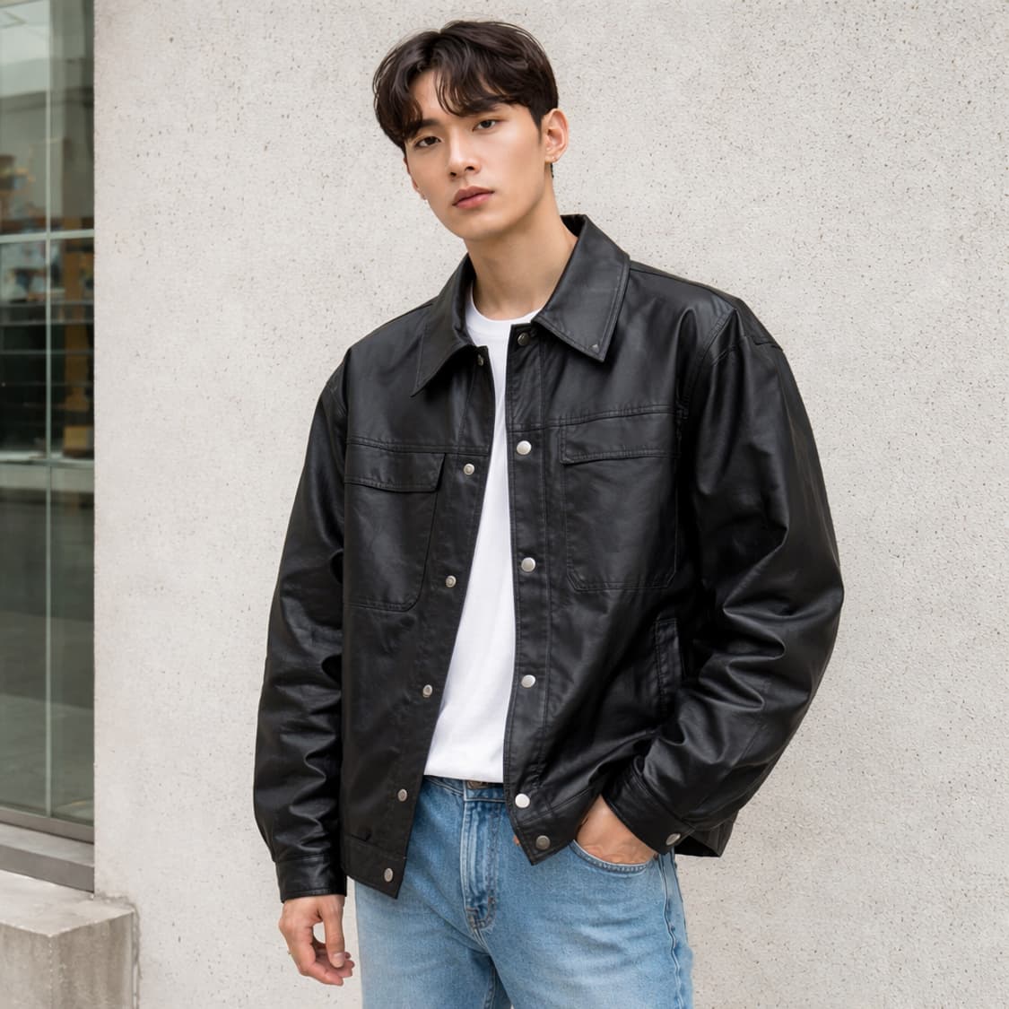 BESLOW 블랙 코팅 트러커 재킷 상품이미지1