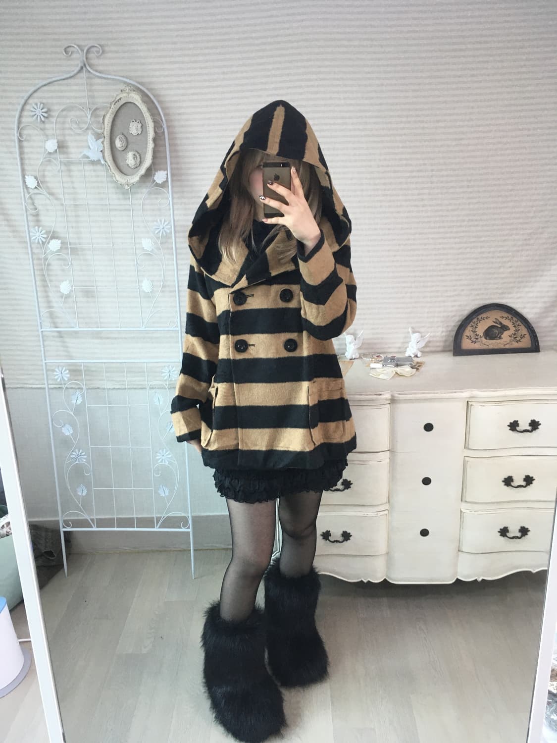 일본빈티지 카멜블랙 스트라이프 후드 코트 상품이미지3