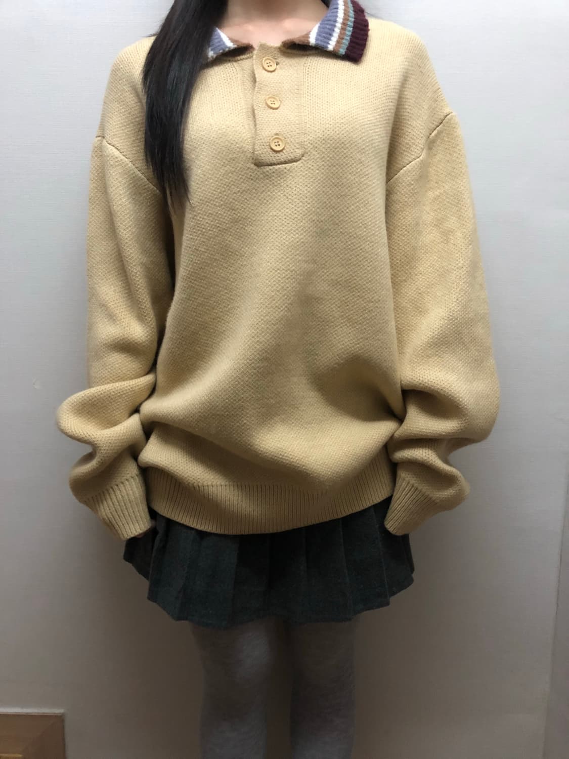 빈티지 옐로우 스트라이프 카라 니트 상품이미지2