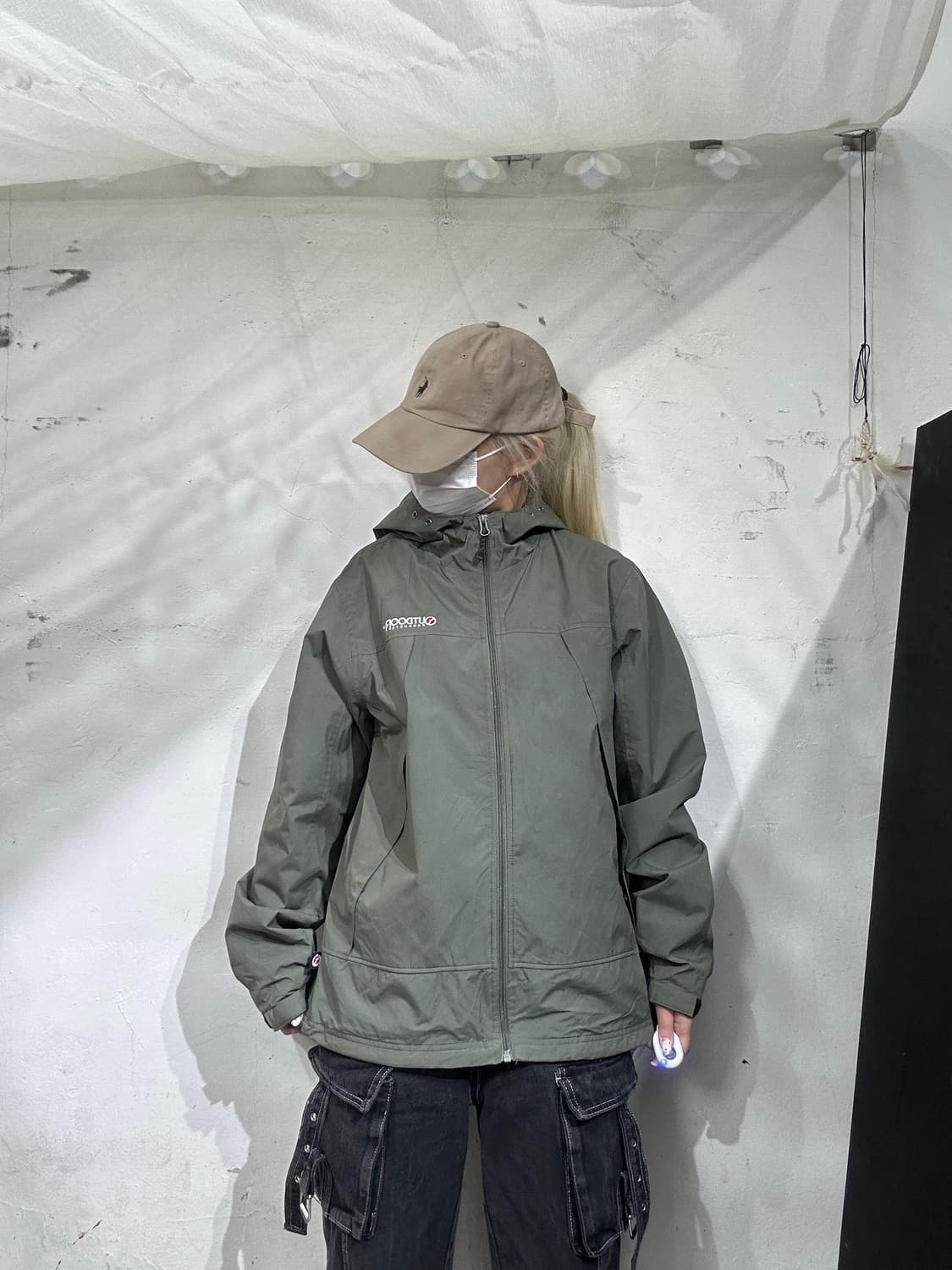 일본 빈티지 카키 후드 바람막이 트랙 자켓 M 상품이미지2