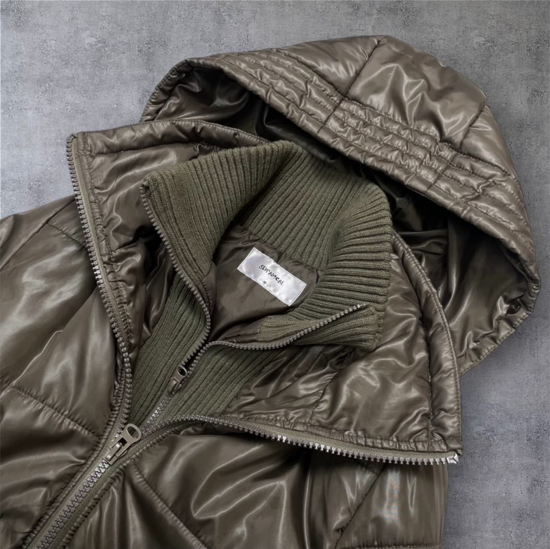 Sewardical 카키브라운 레이어드 니트넥 후드 숏패딩 M 상품이미지3