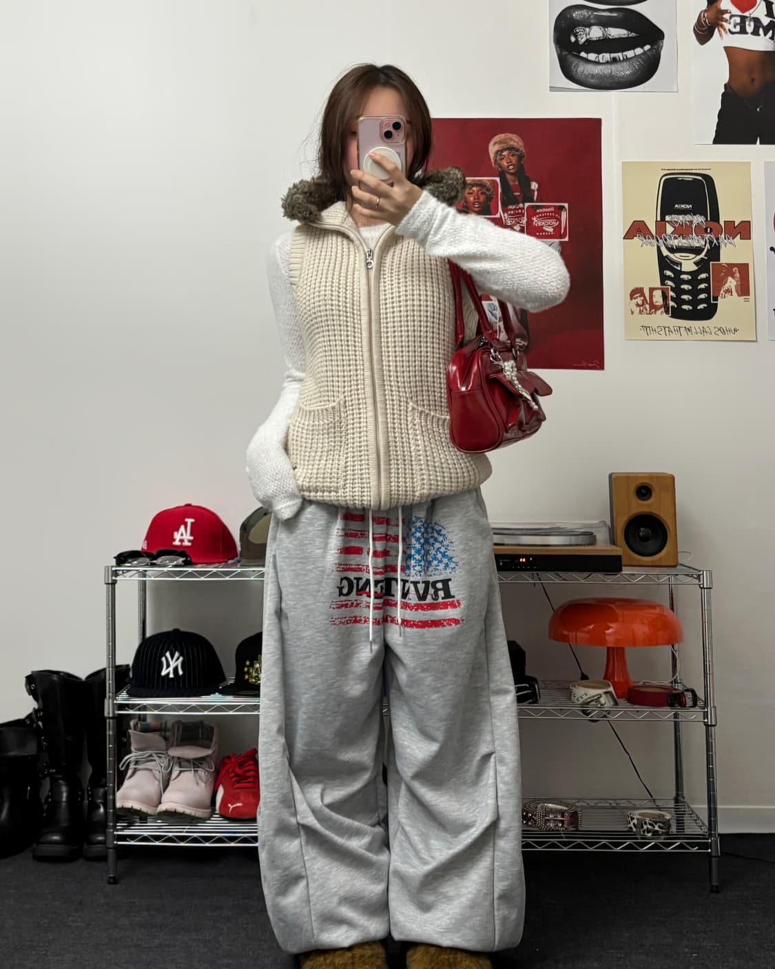 올드 빈티지 퍼 후드 니트 조끼 집업 아이보리 상품이미지4