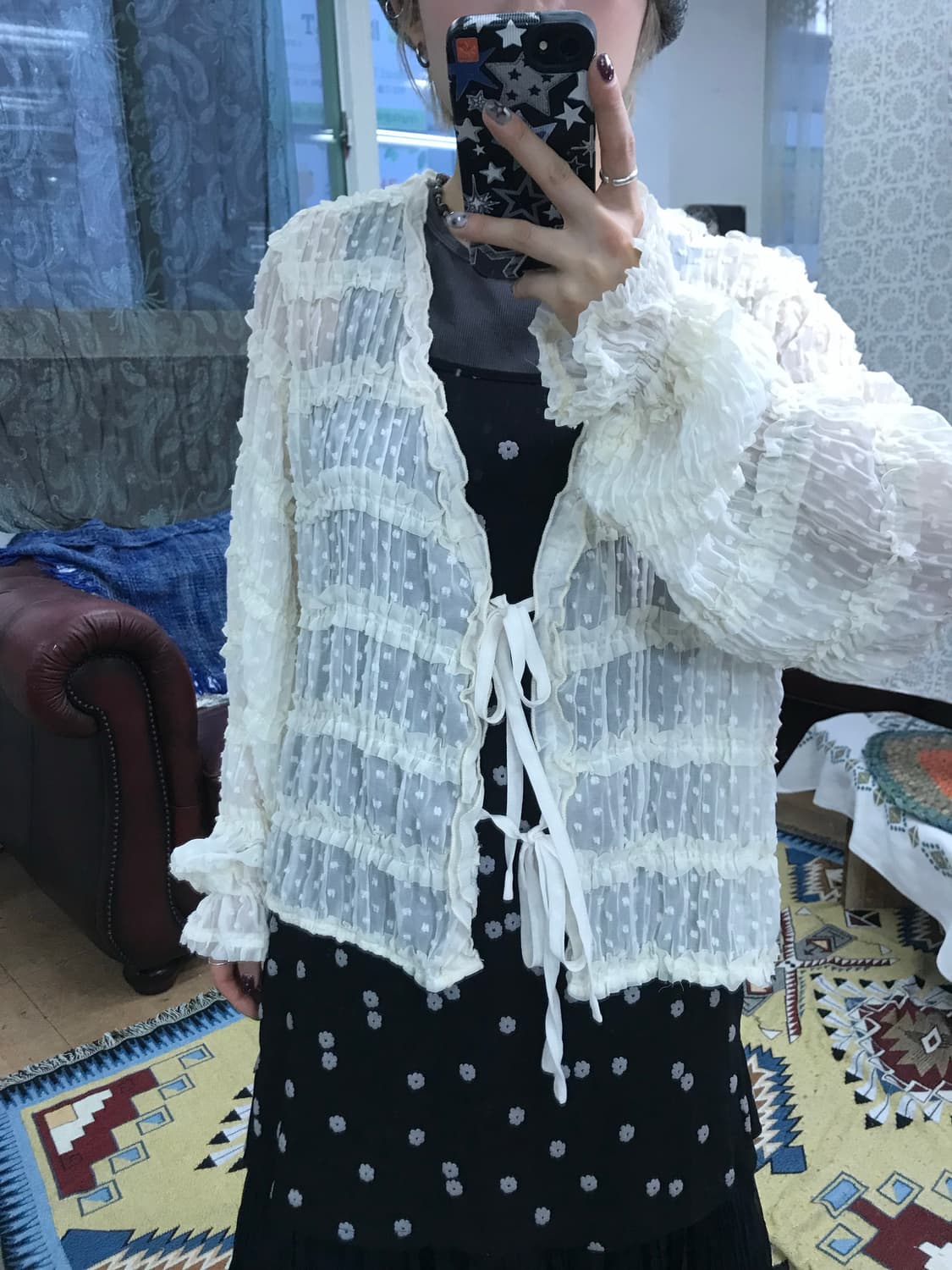 빈티지 여성 프릴 도트 시스루 가디건 (Z1027) 상품이미지1