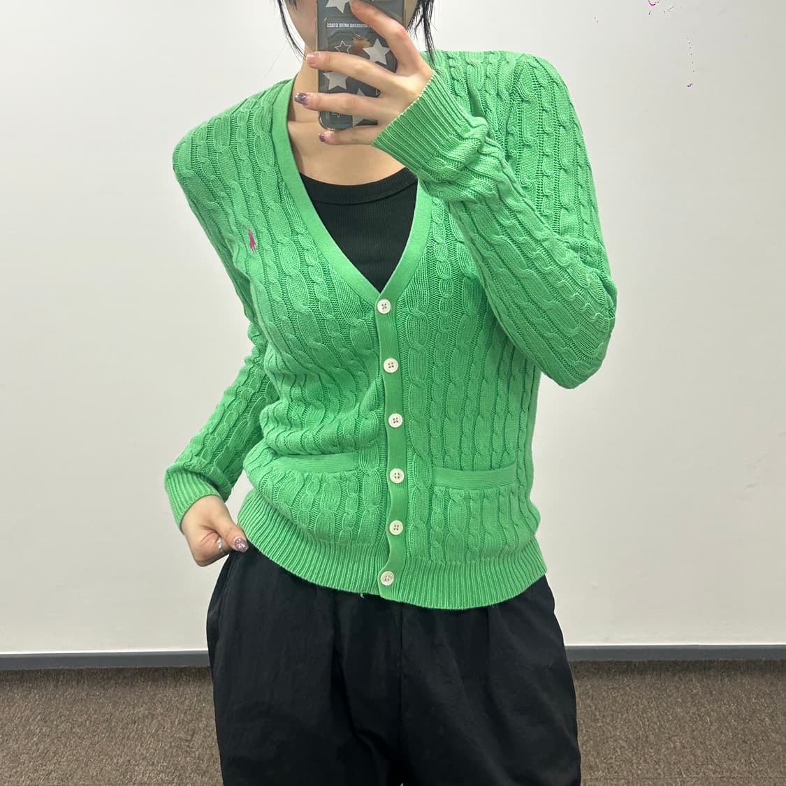Polo 폴로 핑크포니 그린 브이넥 케이블 니트 가디건  상품이미지1