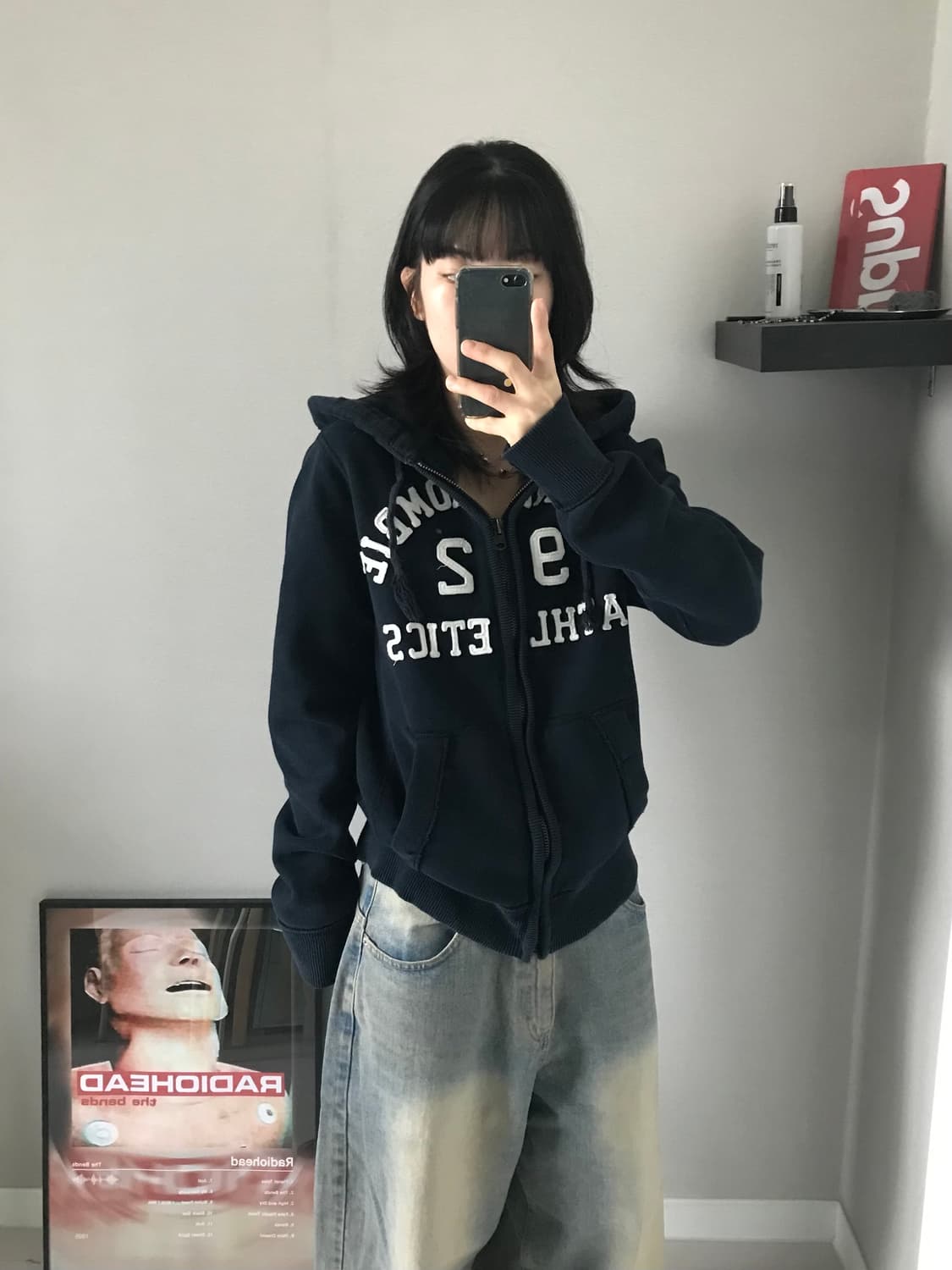 아베크롬비 헤비코튼 자수 로고 네이비 후드집업 상품이미지2