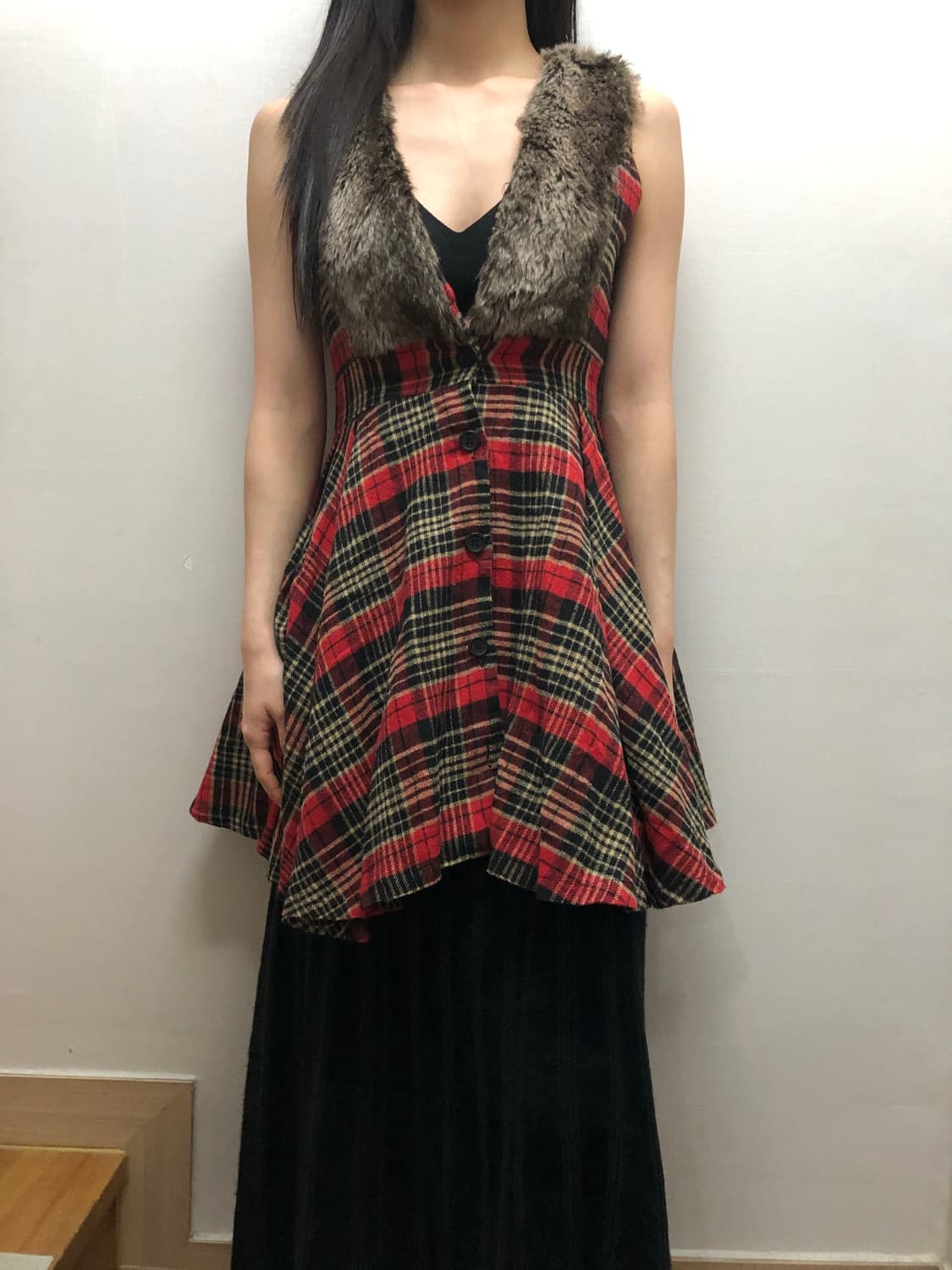 빈티지 레드 체크 퍼 원피스 상품이미지1