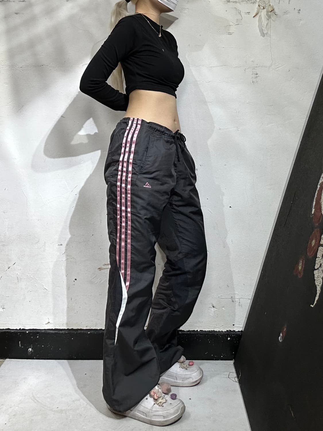 아디다스 차콜 핑크 삼선 와이드 트랙 팬츠 추리닝 바지 L 상품이미지1