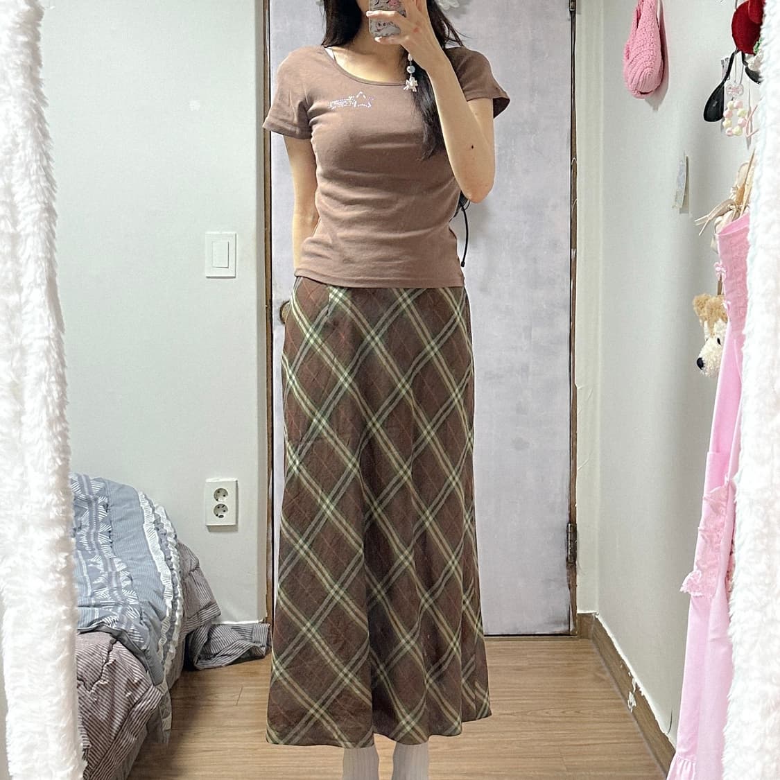 빈티지 초코나무 숲 로걀 체크 스커트 치마 달천깔 라떼 히메갸루 긱시크 상품이미지1