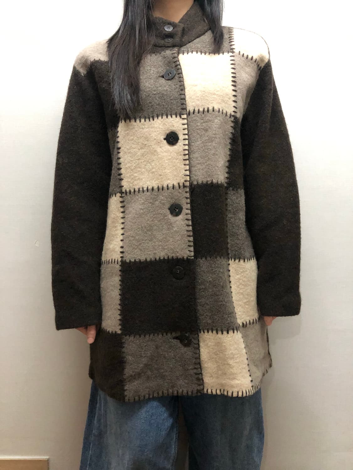 빈티지 브라운 울 패치워크 하프 코트 상품이미지5