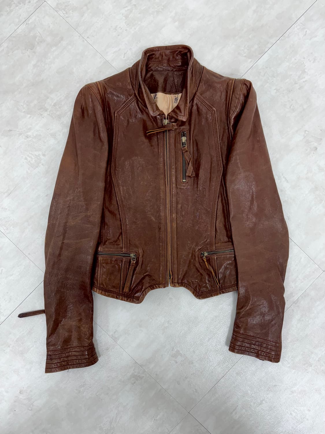 •Vintage 브라운 리얼 레더 자켓 (슬림핏,에이징 가죽) 상품이미지1