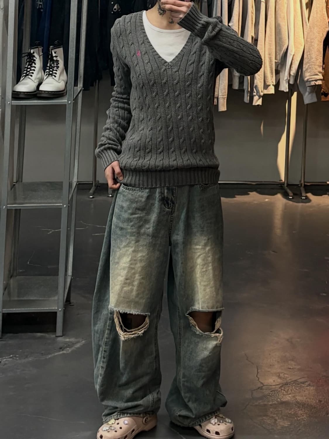 폴로랄프로렌 스포츠 핑크포니 꽈배기 브이넥 그레이니트 A3568 상품이미지1