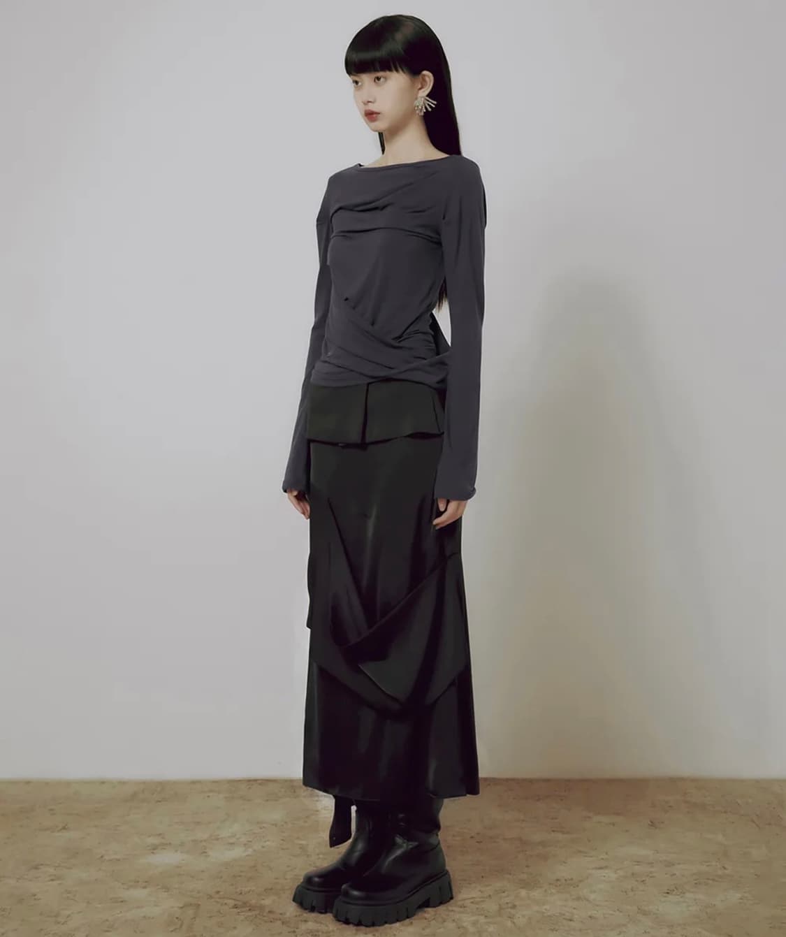 플레어업 드레이프 레이어드 맥시 롱스커트 블랙2웨이프릴언발트임검정치마미디 상품이미지2