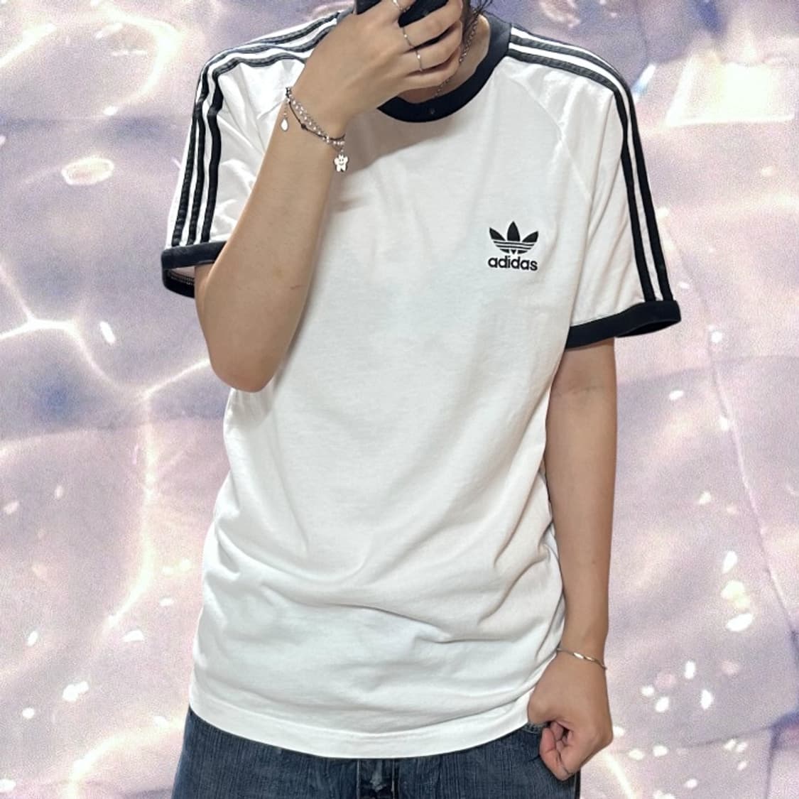 아디다스 화이트 블랙 링거 반팔 티셔츠 L 상품이미지1