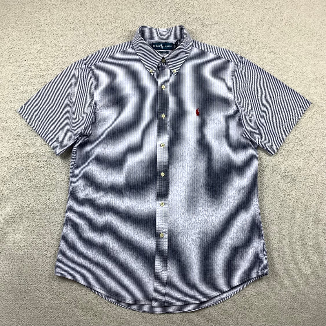 폴로 랄프로렌 포니로고 커스텀핏 시어서커 네이비 스트라이프 하프셔츠 상품이미지1