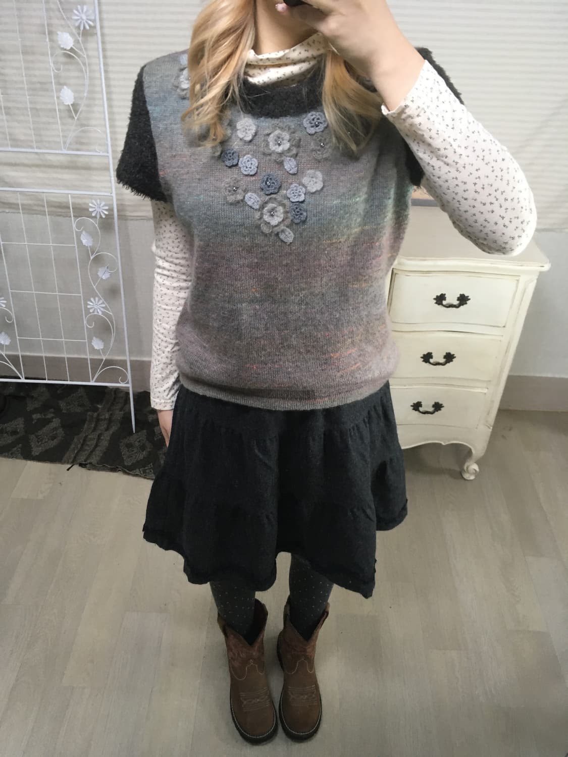 일본빈티지 플로럴 자수 하프 니트 상품이미지2