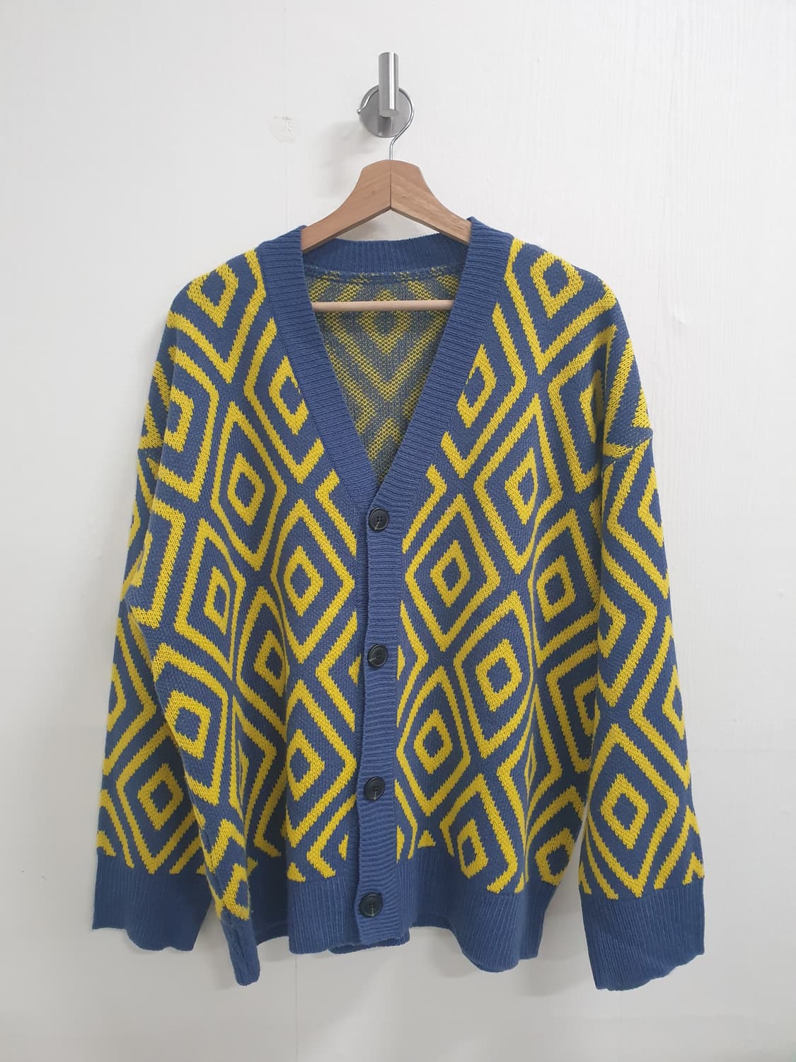 블루 옐로우 다이아 패턴 니트 가디건 XL 상품이미지1