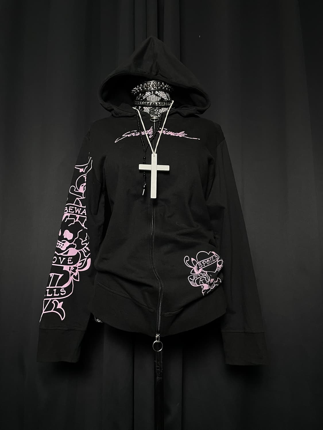 JPN 펑크 블랙 핑크 레터링 후드집업 상품이미지3