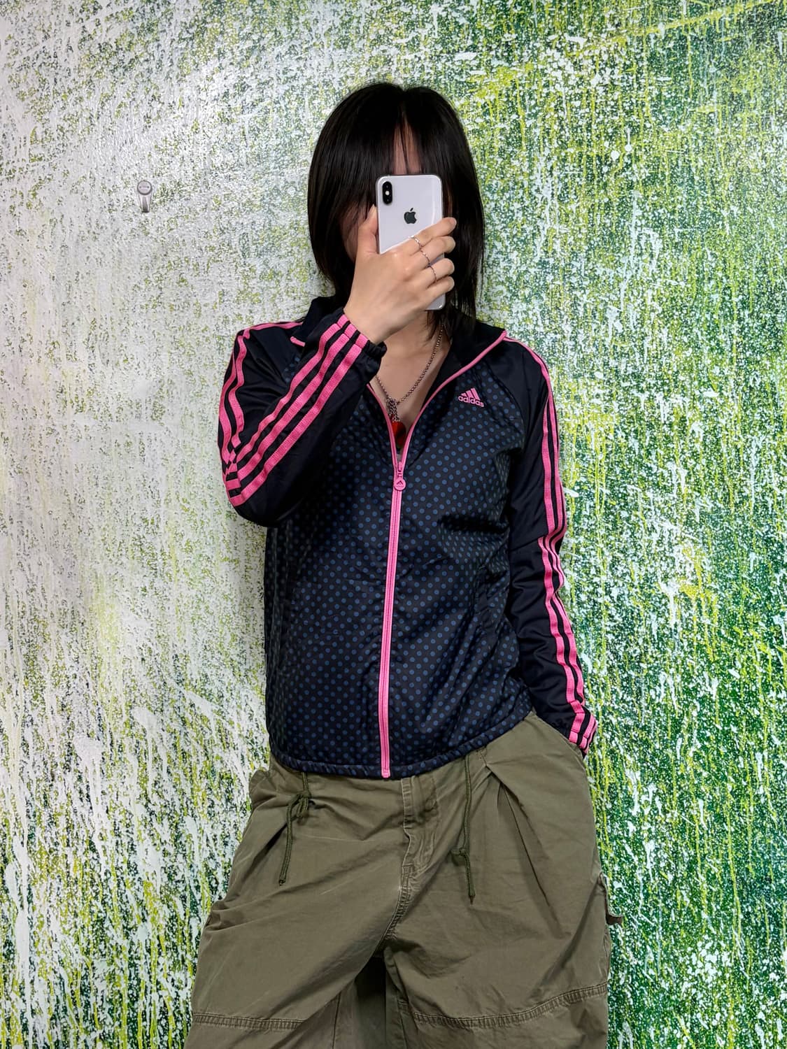 아디다스 대대장 땡땡이 블랙 핑크 도트 바람막이 S 상품이미지1